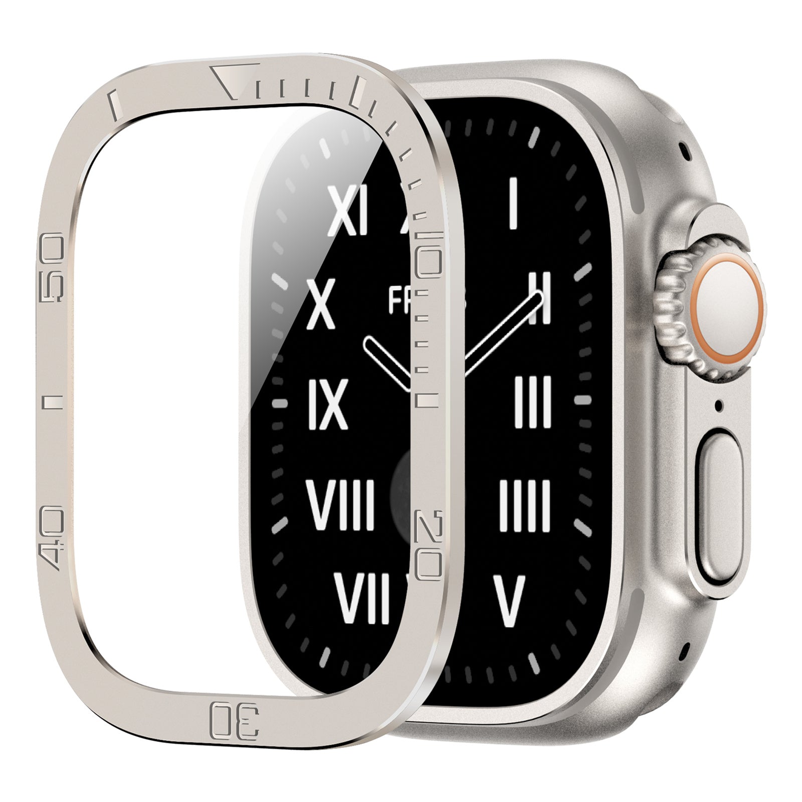 Uniqkart for Apple Watch Ultra 49mm Tempered Glass Screen Protector Numbers Marker Metal Frame with Built-in Clear Film - Original Color Uniqkart for Apple Watch Ultra 49mm Tempered Glass Screen Protector Numbers Marker Metal Frame with Built-in Clear Film - Original Color